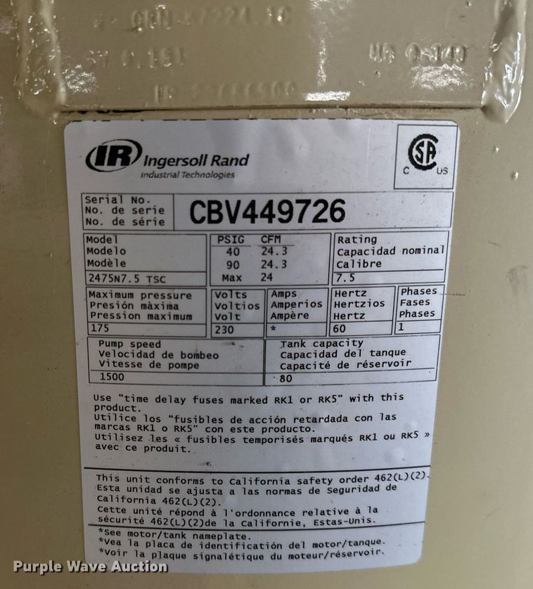 image for item OG9117 2016 Ingersoll Rand  air compressor