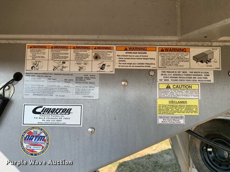 image for item DP8651 2018 Cimarron  livestock trailer