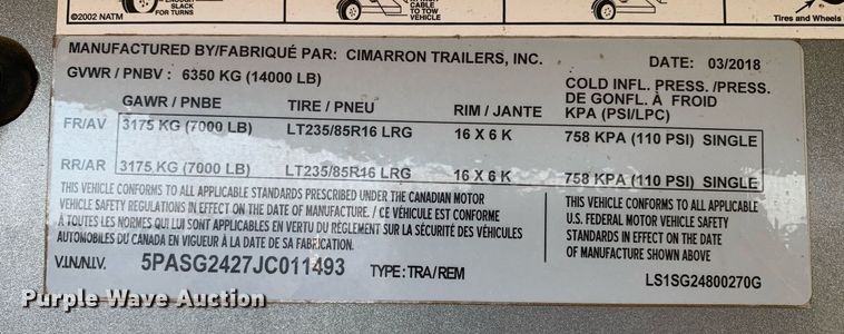 image for item DP8651 2018 Cimarron  livestock trailer