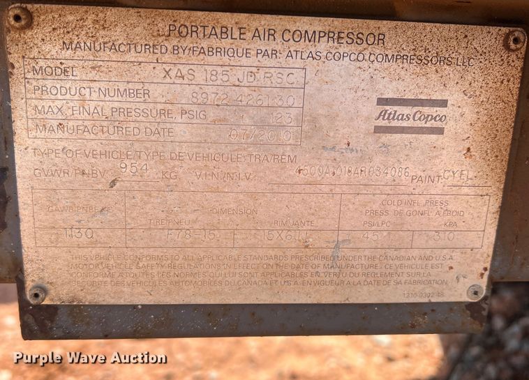 image for item DR5701 2011 Atlas Copco XAS 185 JD RSC  air compressor