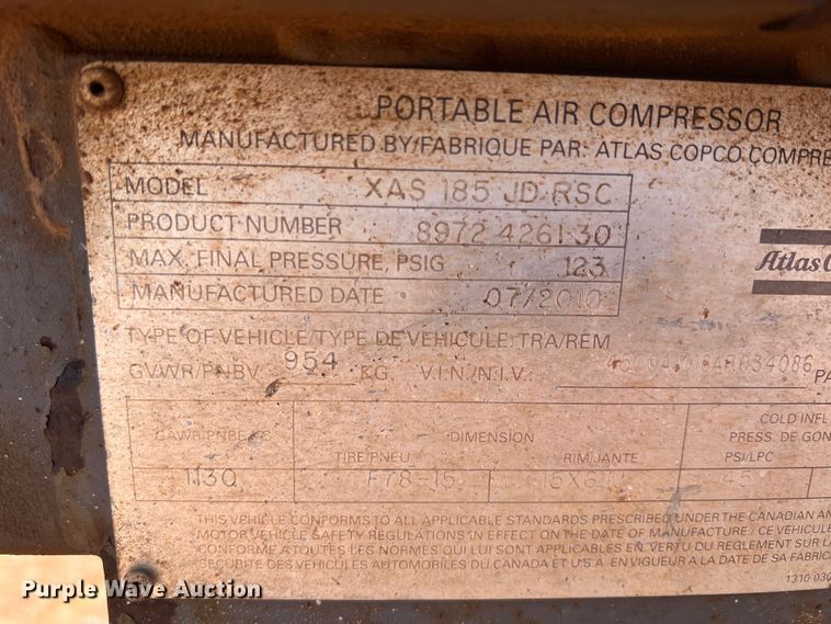 image for item DR5701 2011 Atlas Copco XAS 185 JD RSC  air compressor