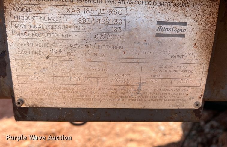 image for item DR5701 2011 Atlas Copco XAS 185 JD RSC  air compressor