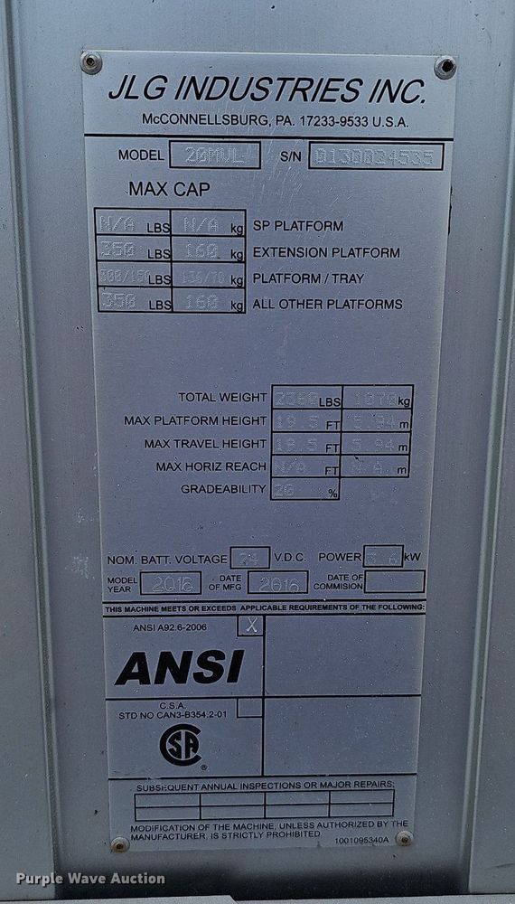 image for item MD9887 2016 JLG Industries 20MVL  vertical lift
