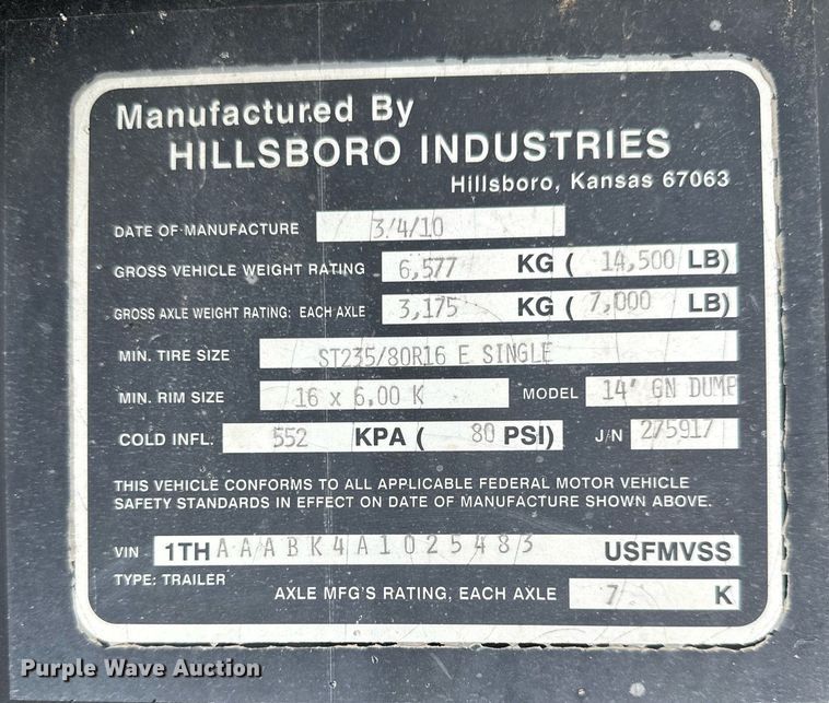 image for item NY9006 2010 Hillsboro  dump trailer