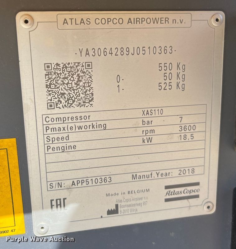 image for item DH8568 2018 Atlas Copco XAS110  air compressor