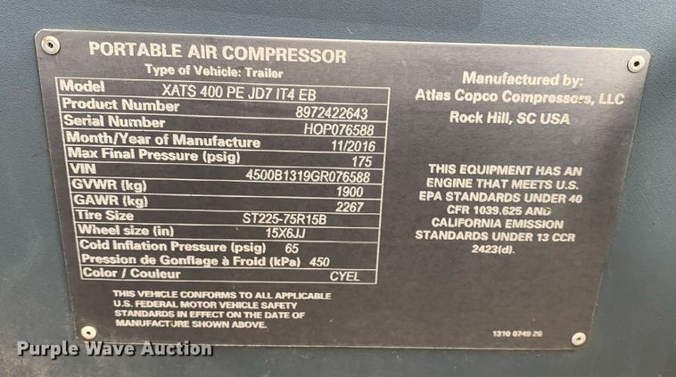 image for item DK7758 2016 Atlas Copco XATS400PE JD71T4 EB  air compressor