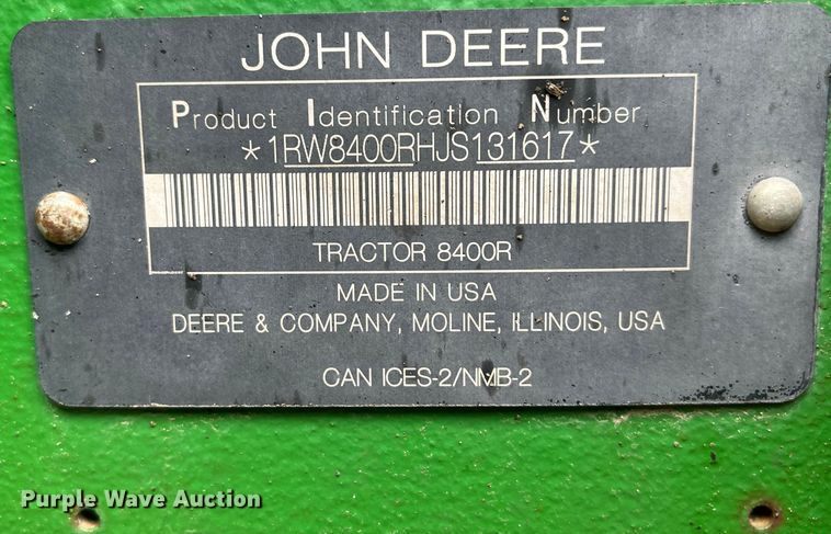 image for item DK7792 2018 John Deere 8400R  MFWD tractor