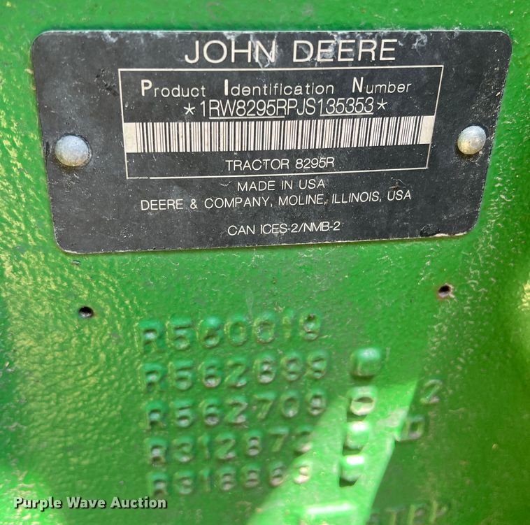 image for item DK7796 2018 John Deere 8295R  MFWD tractor