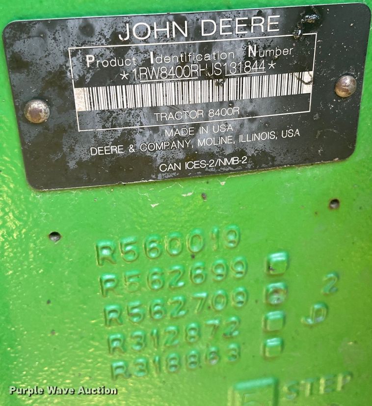image for item DK7798 2018 John Deere 8400R  MFWD tractor