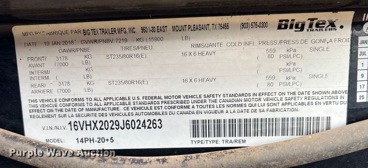 image for item DK7811 2018 Big Tex 14PH-20+5  equipment trailer