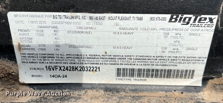 image for item DK7812 2019 Big Tex 14OA-24  equipment trailer