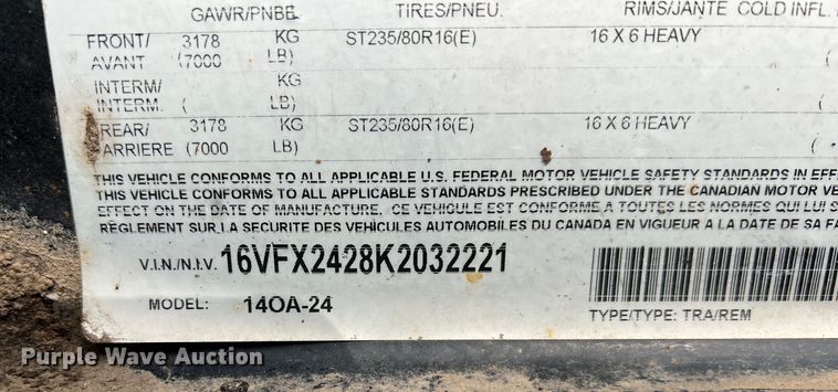 image for item DK7812 2019 Big Tex 14OA-24  equipment trailer