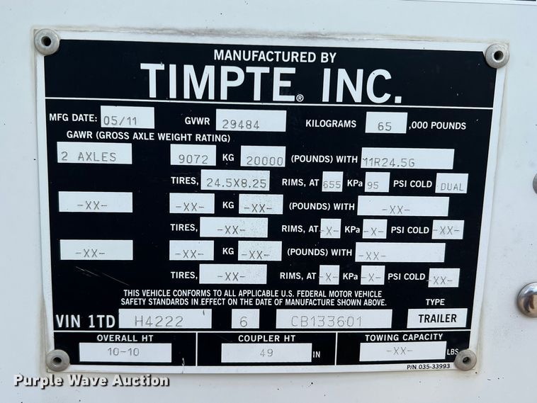 image for item DK7817 2012 Timpte Super Hopper  grain trailer