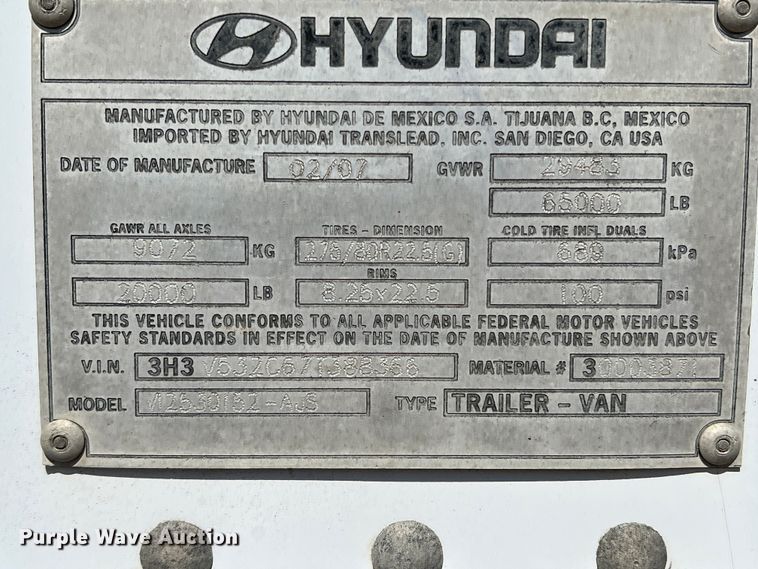 image for item DK7822 2007 Hyundai  dry van trailer