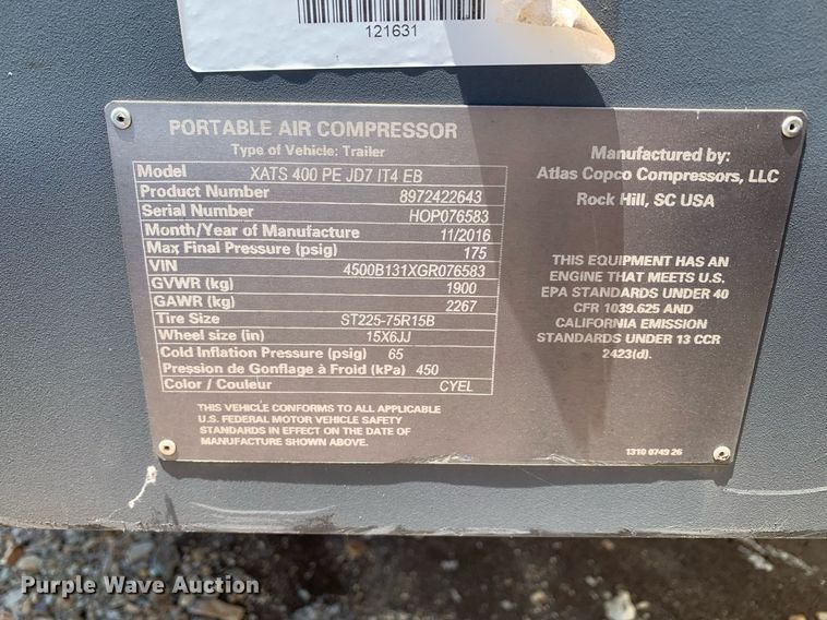 image for item DK7888 2016 Atlas Copco XATS400JD7  air compressor