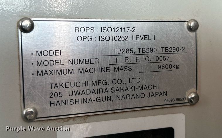 image for item DS6331 2020 Takeuchi TB290  mini excavator