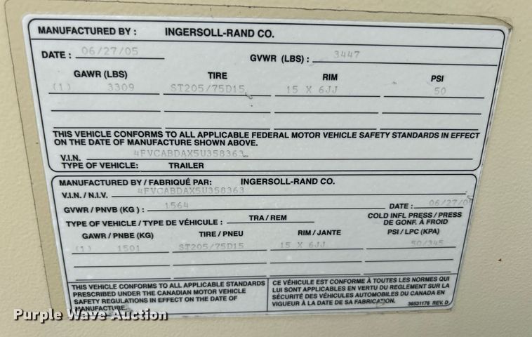 image for item DS6353 2005 Ingersoll Rand P185WJD  air compressor