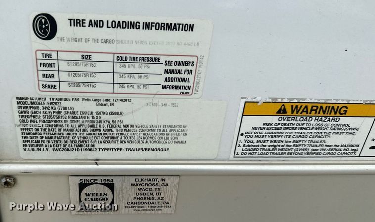 image for item DS6405 2013 Wells Cargo EW2022  enclosed cargo trailer