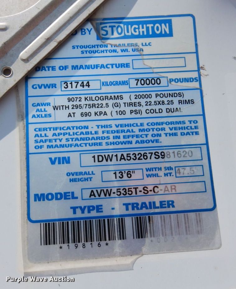 image for item AF9701 2007 Stoughton AVW-535T-S-C-AR  dry van trailer