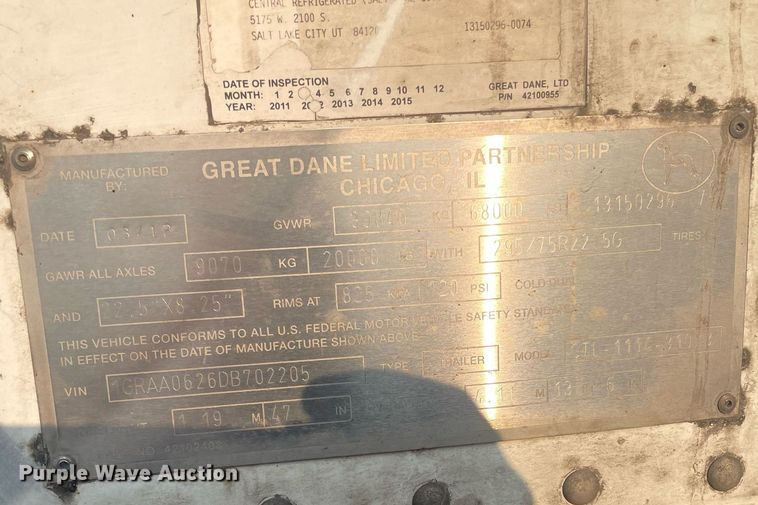 image for item LJ9690 2013 Great Dane CTL-1114-31053  refrigerated van trailer