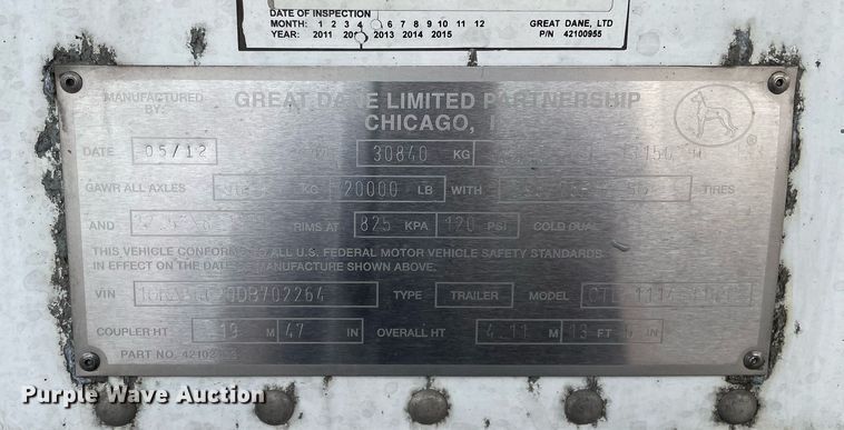 image for item LJ9693 2013 Great Dane CTL-1114-31053  refrigerated van trailer