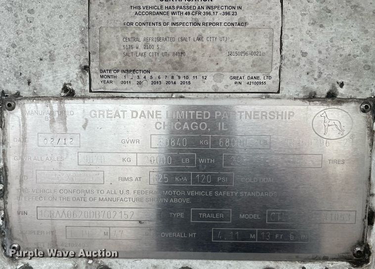 image for item LJ9694 2013 Great Dane CTL-1114-31053  refrigerated van trailer