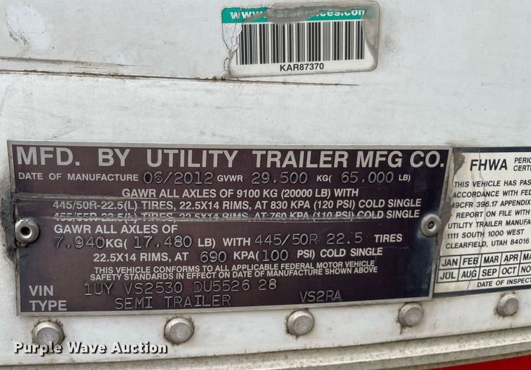 image for item LJ9698 2013 Utility  refrigerated van trailer