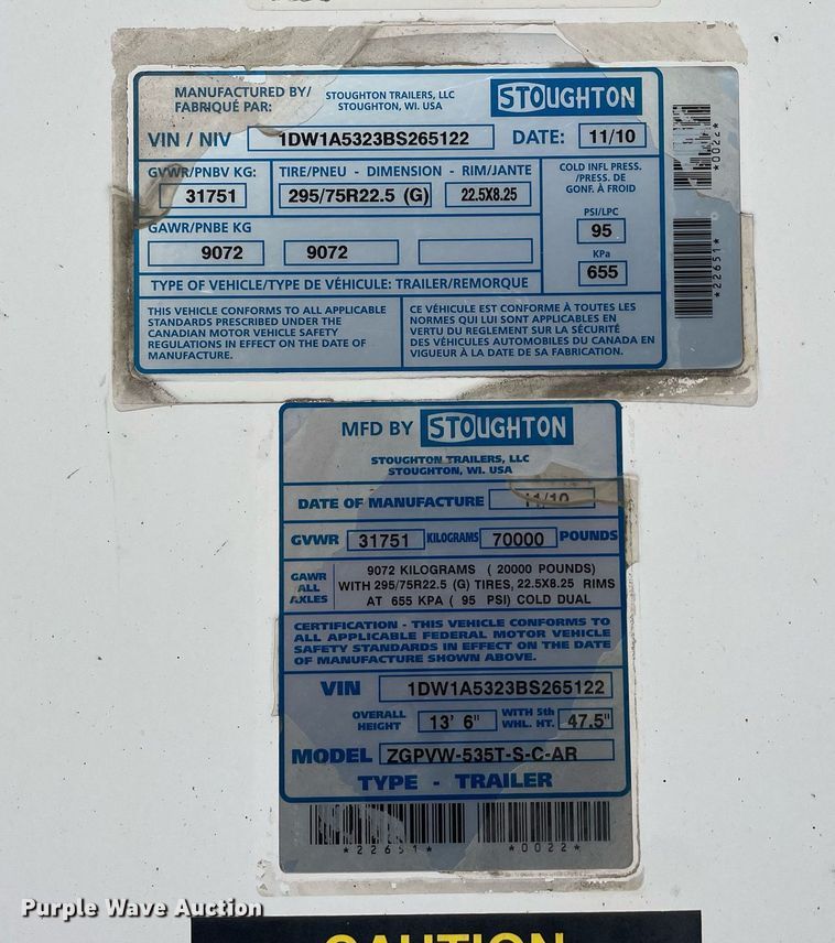 image for item LJ9701 2011 Stoughton ZGPVW-535T-S-C-AR  dry van trailer