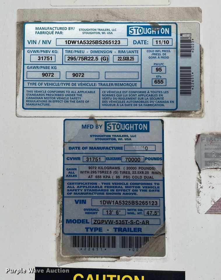 image for item LJ9702 2011 Stoughton ZGPVW-535T-S-C-AR  dry van trailer