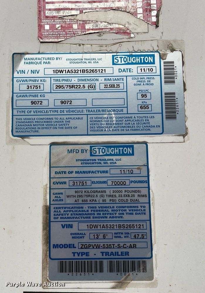 image for item LJ9703 2011 Stoughton ZGPVW-535T-S-C-AR  dry van trailer