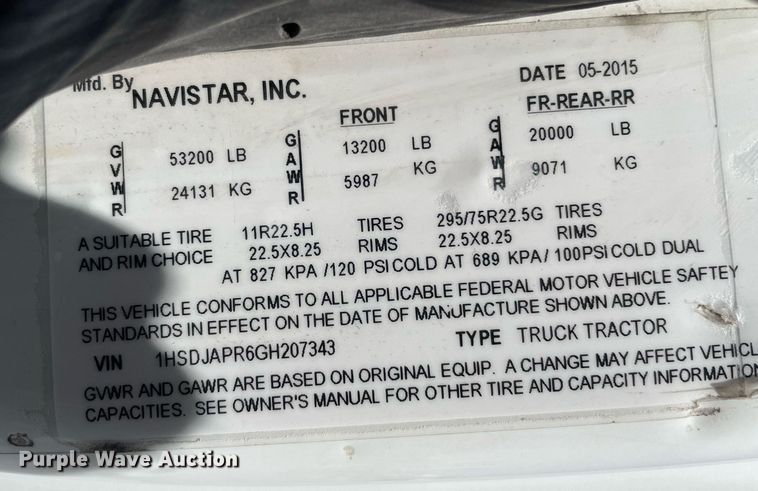 image for item LJ9721 2016 International ProStar Plus 122  semi truck