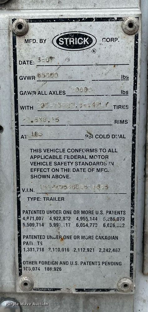 image for item LJ9729 2008 Strickland  dry van trailer