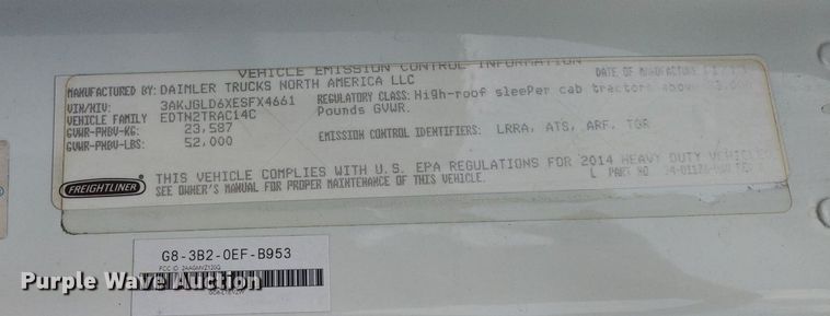 image for item LL9054 2014 Freightliner Cascadia  semi truck