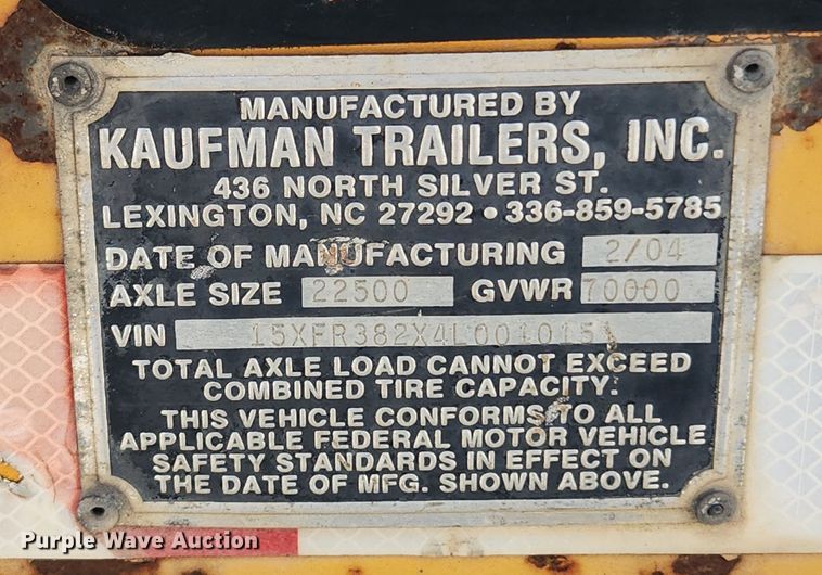 image for item LX9639 2004 Kaufman  drop deck equipment trailer