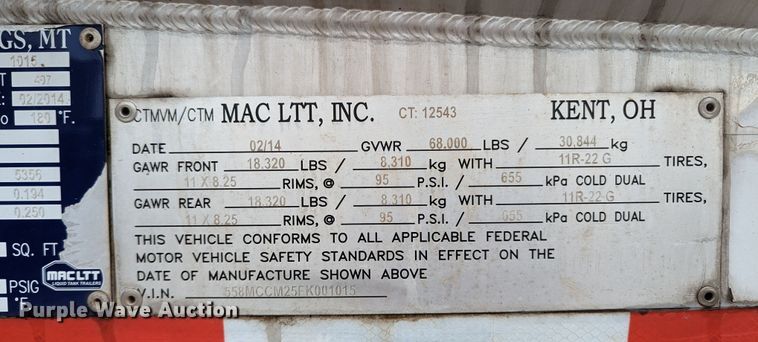 image for item MN9983 2015 MAC  tank trailer