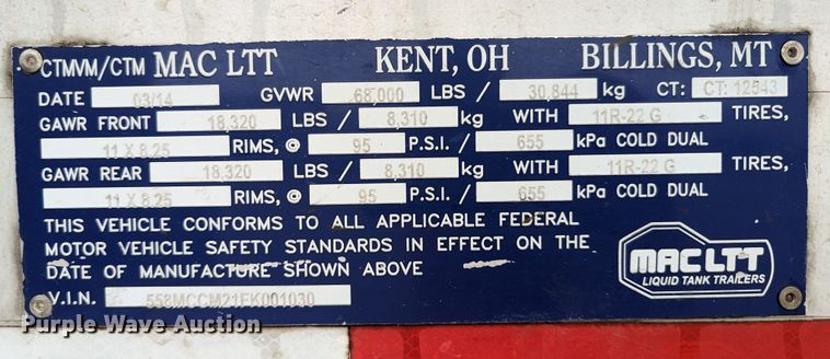 image for item MN9984 2015 MAC  tank trailer