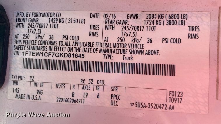 image for item DI7776 2016 Ford F150  SuperCrew pickup truck