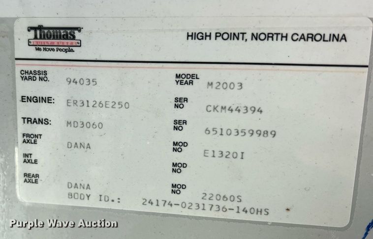 image for item II9162 2003 Thomas Built Saf-T-Liner MVP ER  school bus