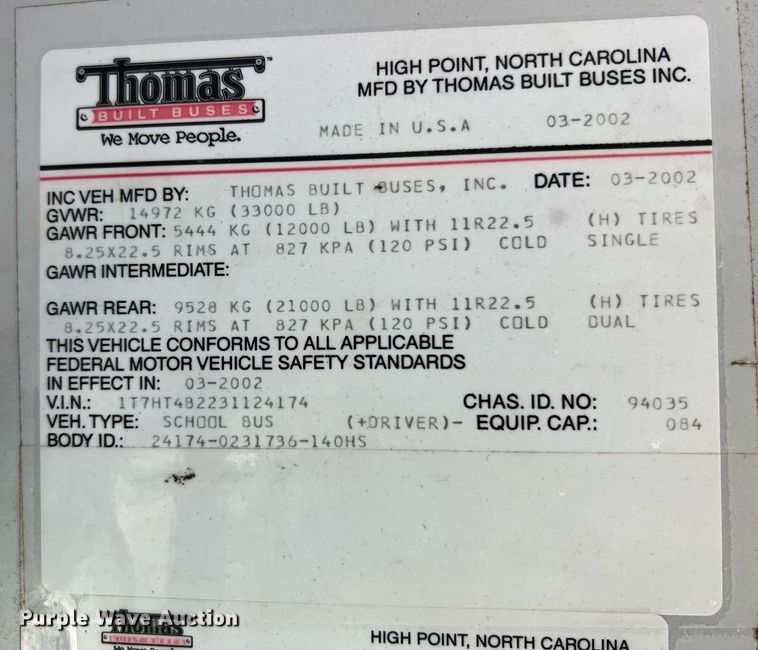 image for item II9162 2003 Thomas Built Saf-T-Liner MVP ER  school bus