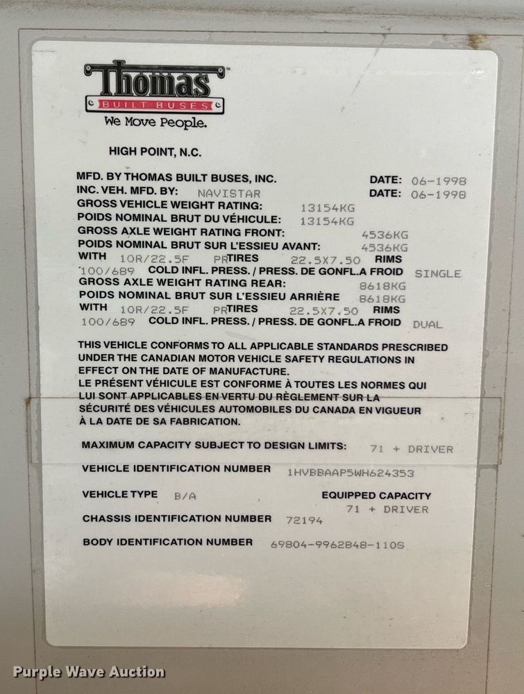 image for item II9164 1998 International 3800  school bus