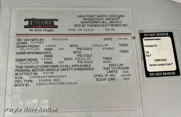 image for item II9165 1998 International 3800  school bus