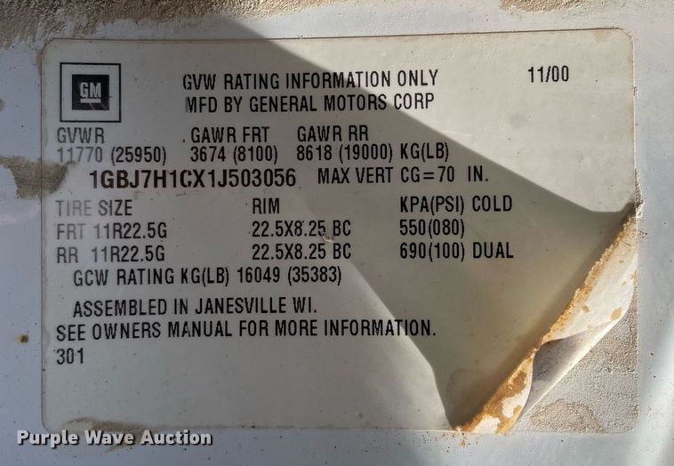 image for item LJ9718 2001 Chevrolet C7500  dump truck