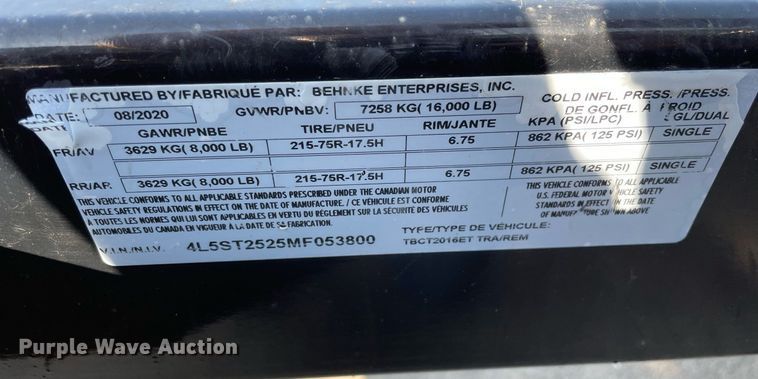 image for item LJ9745 2021 Behnke Enterprise Inc. TBCT2016ET  tilt deck equipment trailer