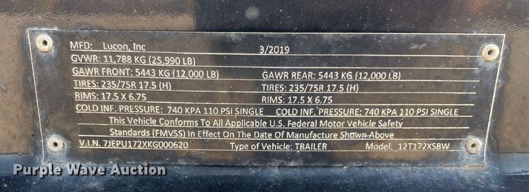 image for item LJ9747 2019 Lucon 12T172XSBW  equipment trailer