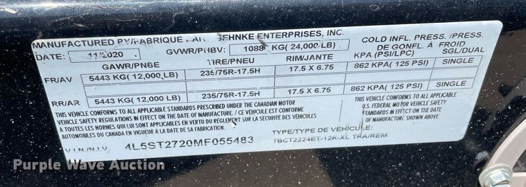 image for item LJ9751 2021 Behnke Enterprise Inc. TBCT2224ET-12K-XL  tilt deck equipment trailer
