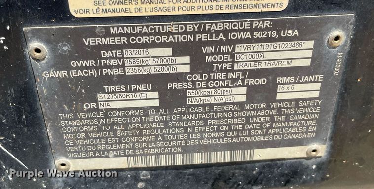 image for item LJ9753 2016 Vermeer BC1000XL  wood chipper