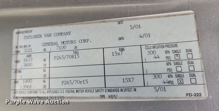 image for item LW9681 2001 GMC Savana G1500  van