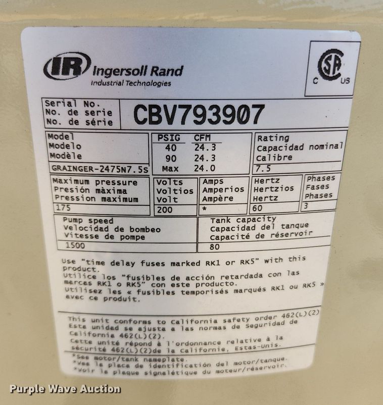 image for item LX9651 Ingersoll Rand Grainger-2475N7.5S  air compressor