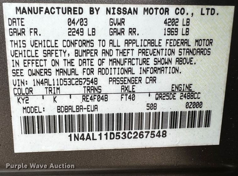 image for item MF9916 2003 Nissan Altima 2.5S