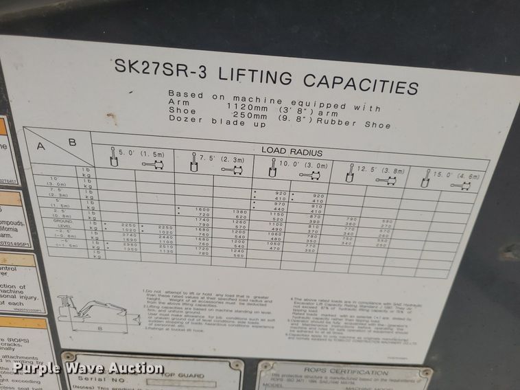 image for item DK1928 2007 Kobelco SK27SR3  mini excavator